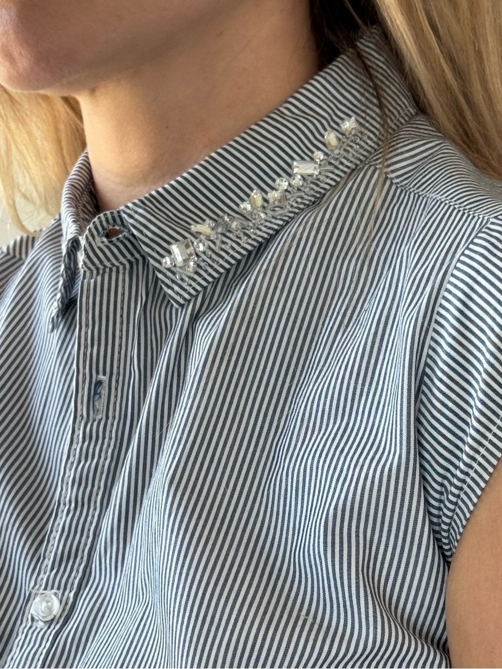 Sleeveless Striped Button-Down Shirt with Embellished Collar - Blue/White - Picture 10 of 12